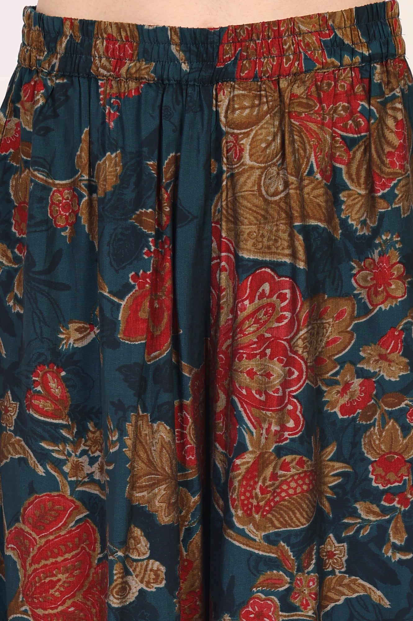 Teal Floral Printed Embellished A-Line Kurta with Flared Pant and Dupatta Set