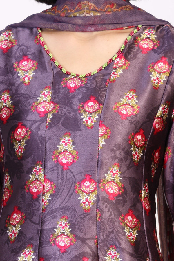 Charcoal Floral Print Beaded Flared Satin Kurta with Culotte and Dupatta Set