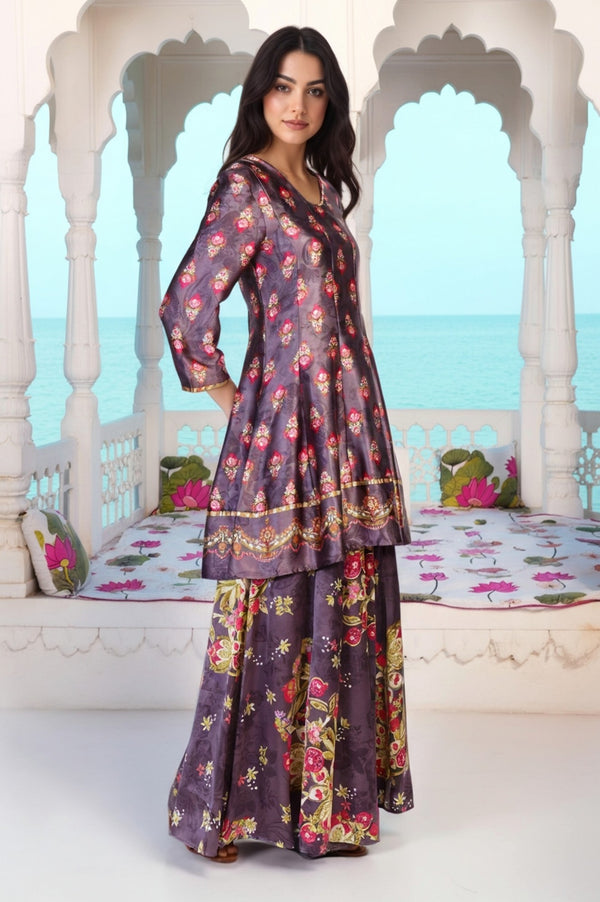 Charcoal Floral Print Beaded Flared Satin Kurta with Culotte and Dupatta Set
