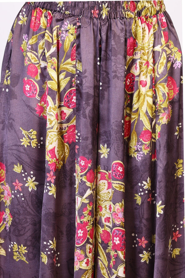 Charcoal Floral Print Beaded Flared Satin Kurta with Culotte and Dupatta Set