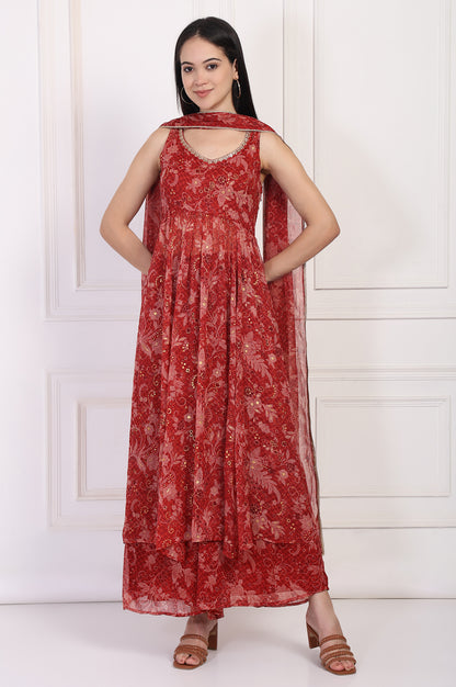 Red Floral Printed Lace Trim Anarkali Chiffon Kurta with Flared Pant and Dupatta Set