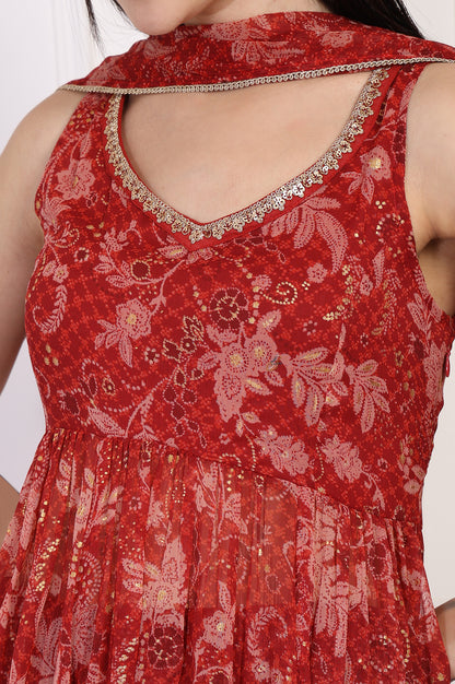 Red Floral Printed Lace Trim Anarkali Chiffon Kurta with Flared Pant and Dupatta Set