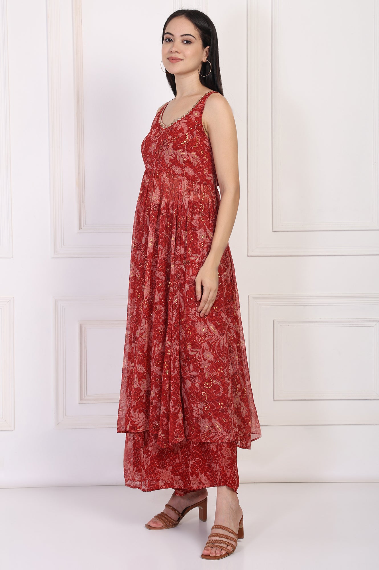 Red Floral Printed Lace Trim Anarkali Chiffon Kurta with Flared Pant and Dupatta Set