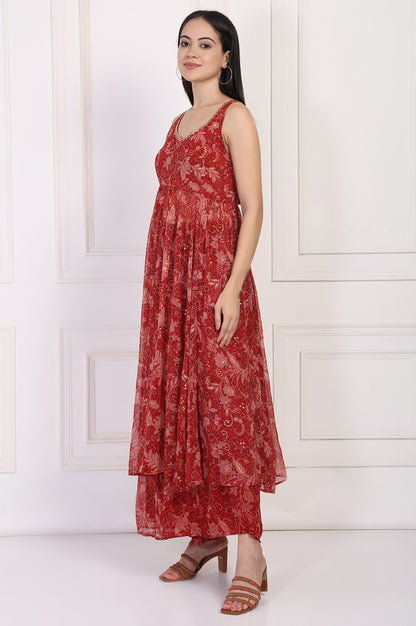 Red Floral Printed Lace Trim Anarkali Chiffon Kurta with Flared Pant and Dupatta Set