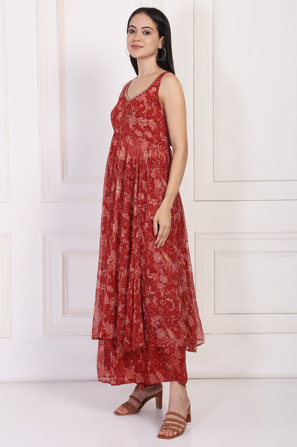 Red Floral Printed Lace Trim Anarkali Chiffon Kurta with Flared Pant and Dupatta Set