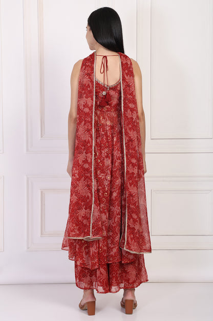 Red Floral Printed Lace Trim Anarkali Chiffon Kurta with Flared Pant and Dupatta Set