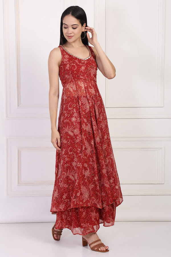 Red Floral Printed Lace Trim Anarkali Chiffon Kurta with Flared Pant and Dupatta Set