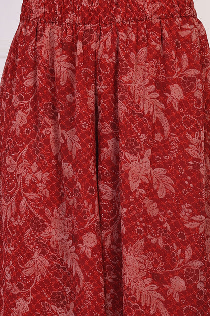 Red Floral Printed Lace Trim Anarkali Chiffon Kurta with Flared Pant and Dupatta Set
