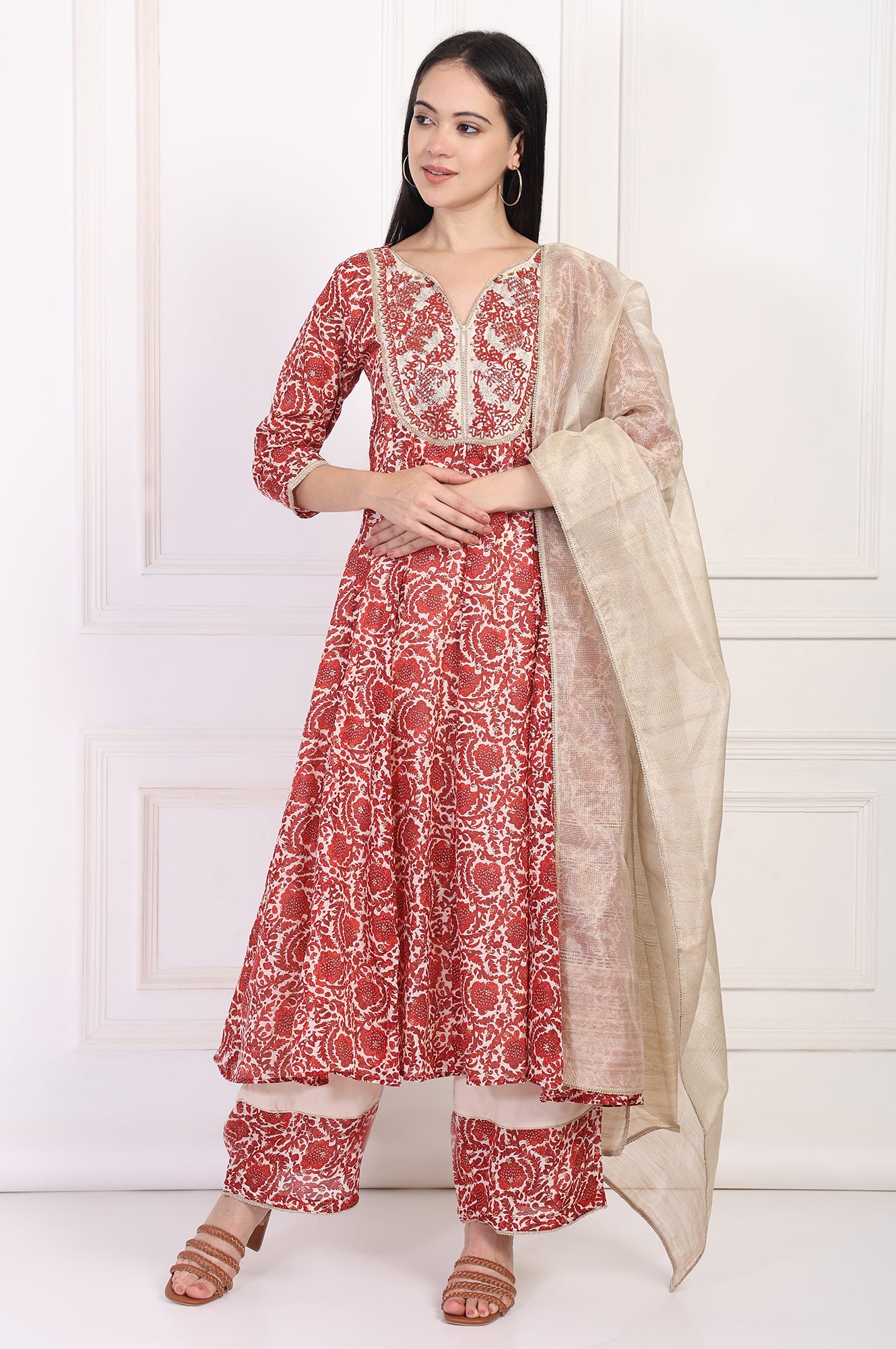 Red Embroidered Anarkali Kurta with Flared Pant and Dupatta Set