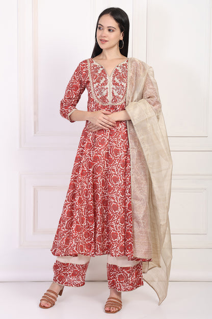 Red Embroidered Anarkali Kurta with Flared Pant and Dupatta Set