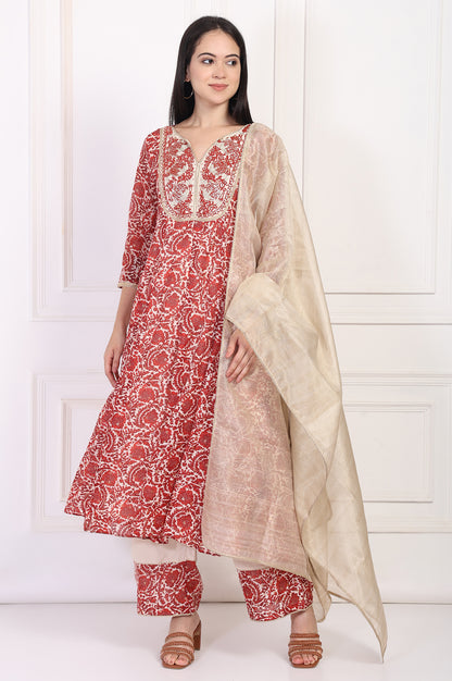 Red Embroidered Anarkali Kurta with Flared Pant and Dupatta Set