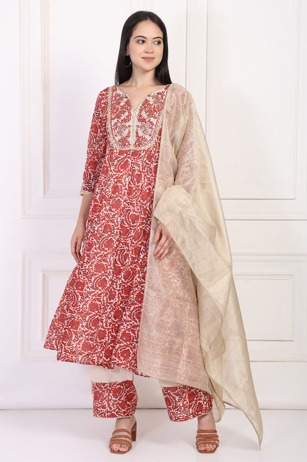 Red Embroidered Anarkali Kurta with Flared Pant and Dupatta Set