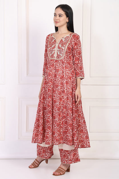 Red Embroidered Anarkali Kurta with Flared Pant and Dupatta Set