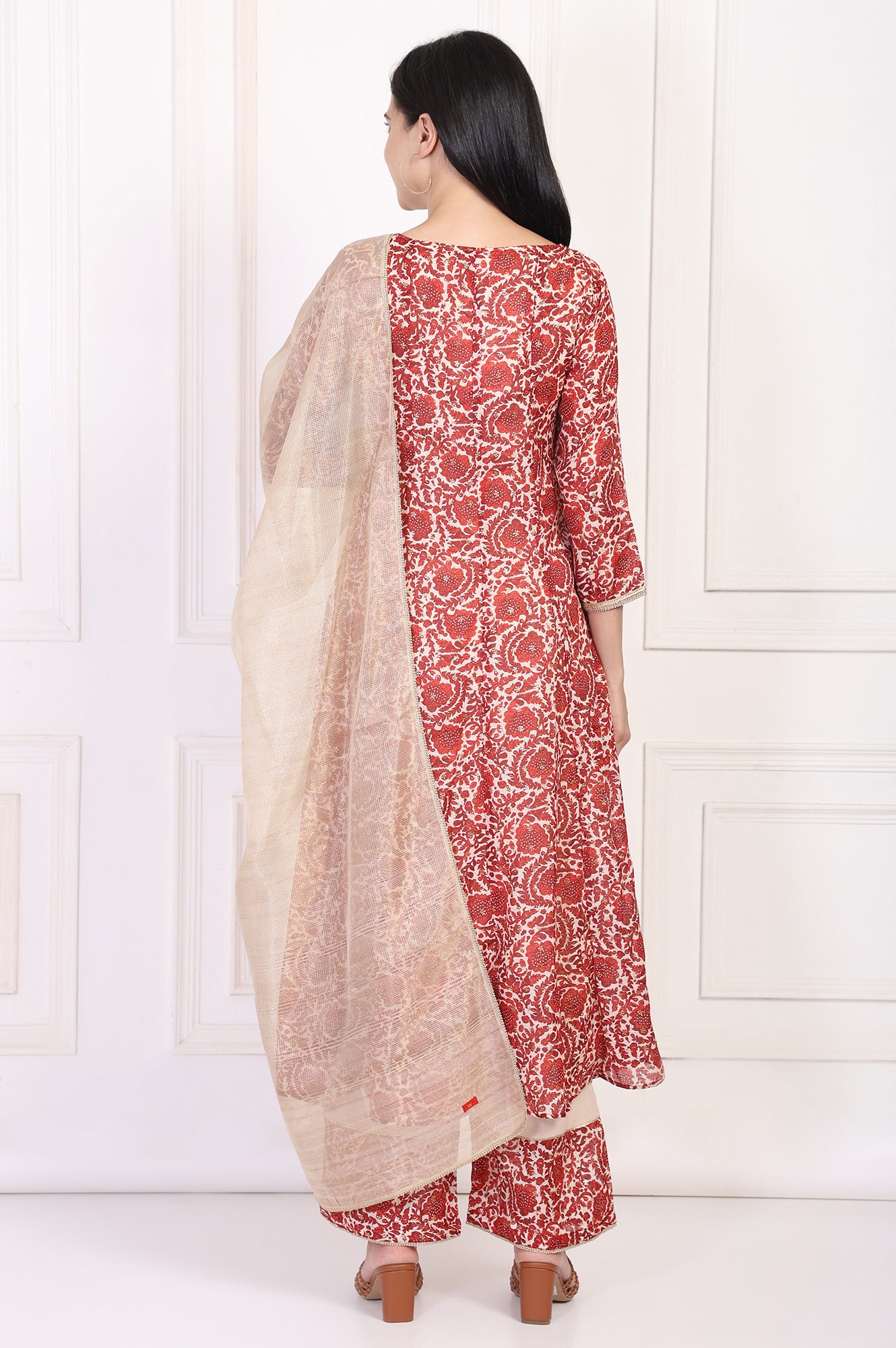 Red Embroidered Anarkali Kurta with Flared Pant and Dupatta Set