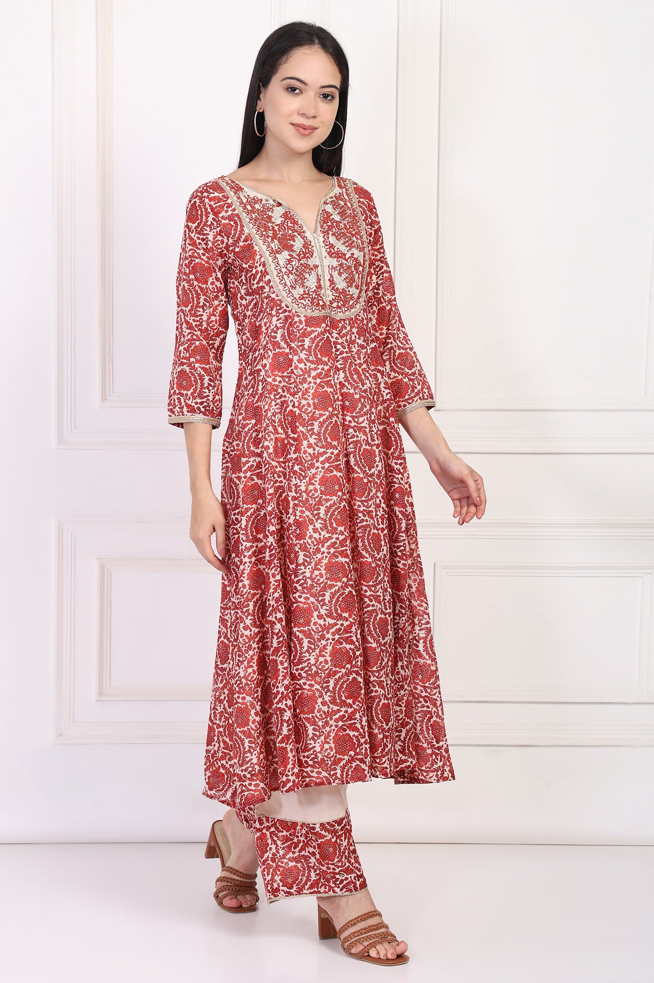 Red Embroidered Anarkali Kurta with Flared Pant and Dupatta Set