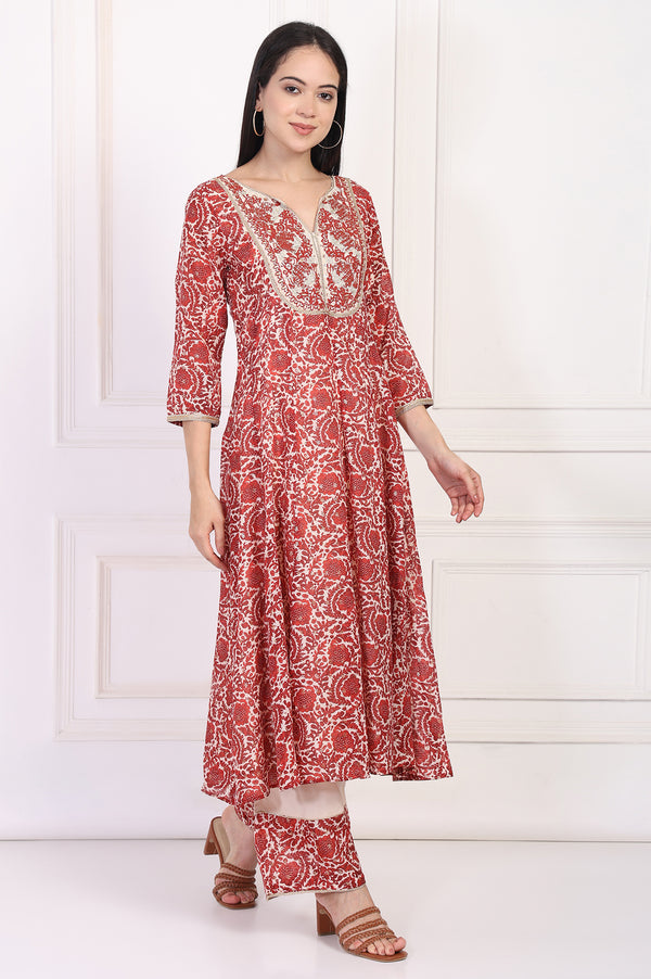 Red Embroidered Anarkali Kurta with Flared Pant and Dupatta Set
