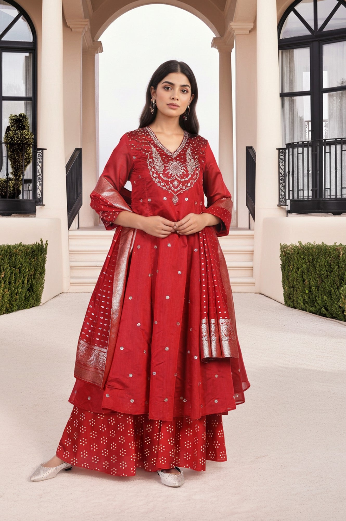 Red Embellished Flared Kurta with Sharara and Dupatta Set