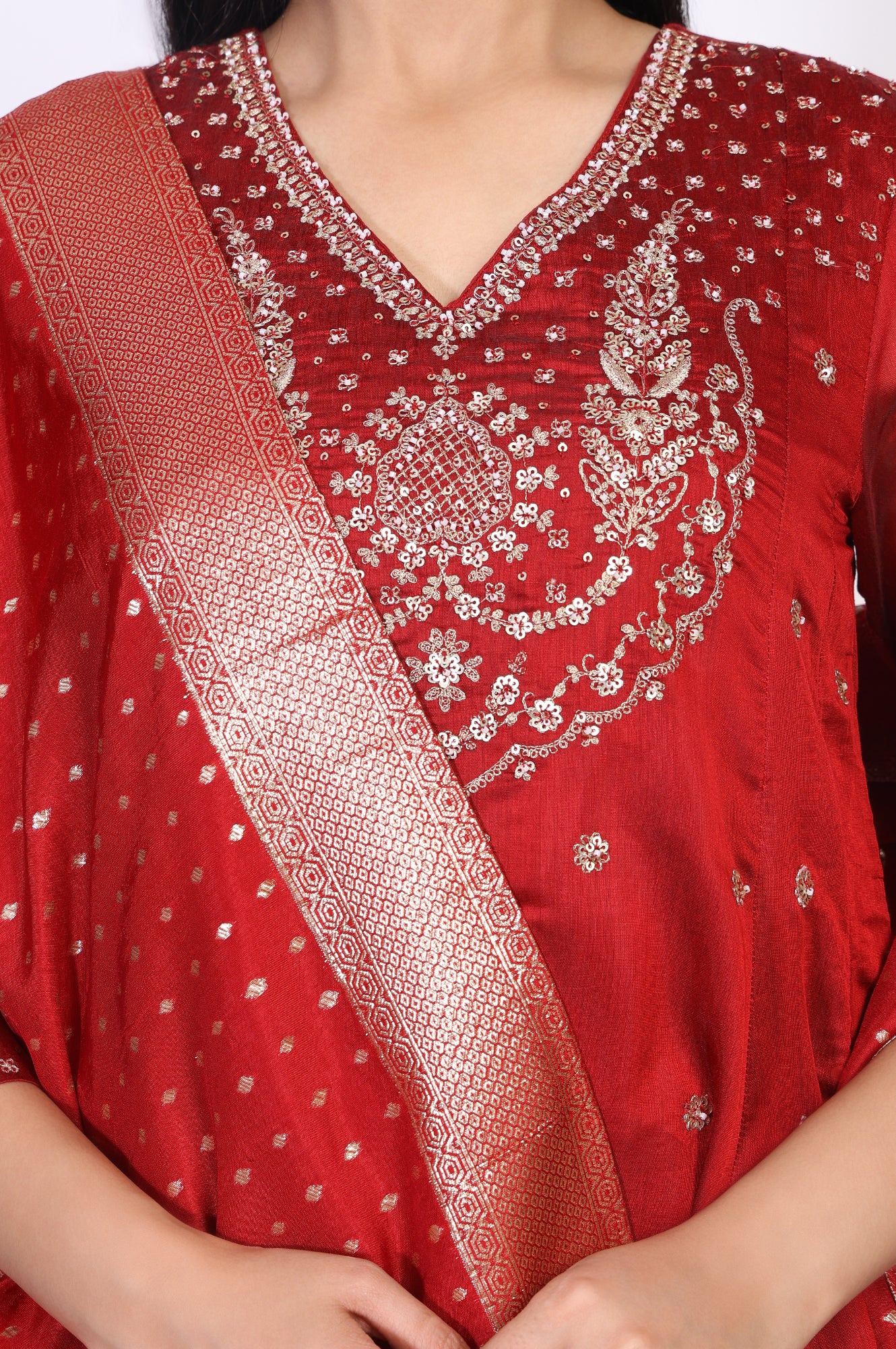 Red Embellished Flared Kurta with Sharara and Dupatta Set
