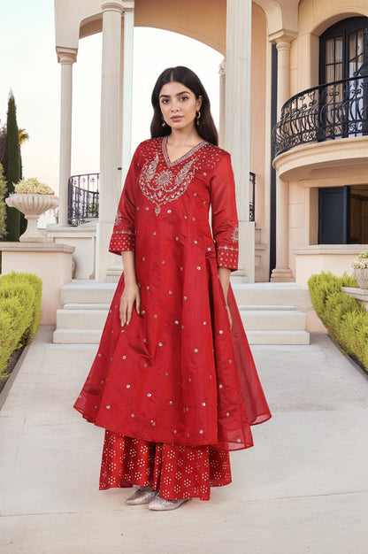Red Embellished Flared Kurta with Sharara and Dupatta Set
