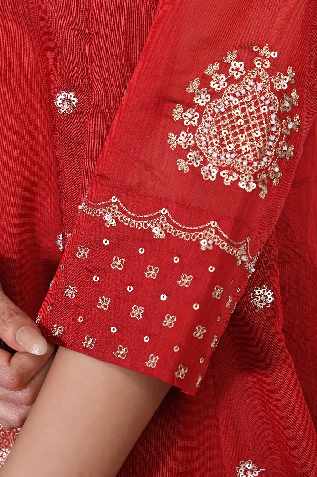 Red Embellished Flared Kurta with Sharara and Dupatta Set