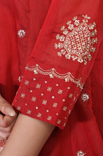 Red Embellished Flared Kurta with Sharara and Dupatta Set