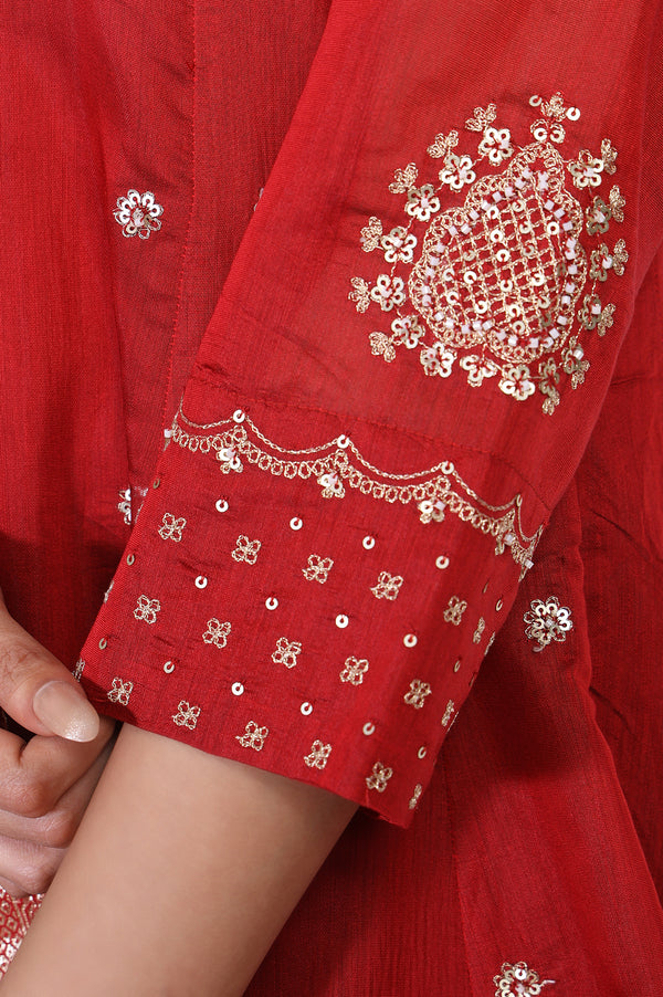Red Embellished Flared Kurta with Sharara and Dupatta Set