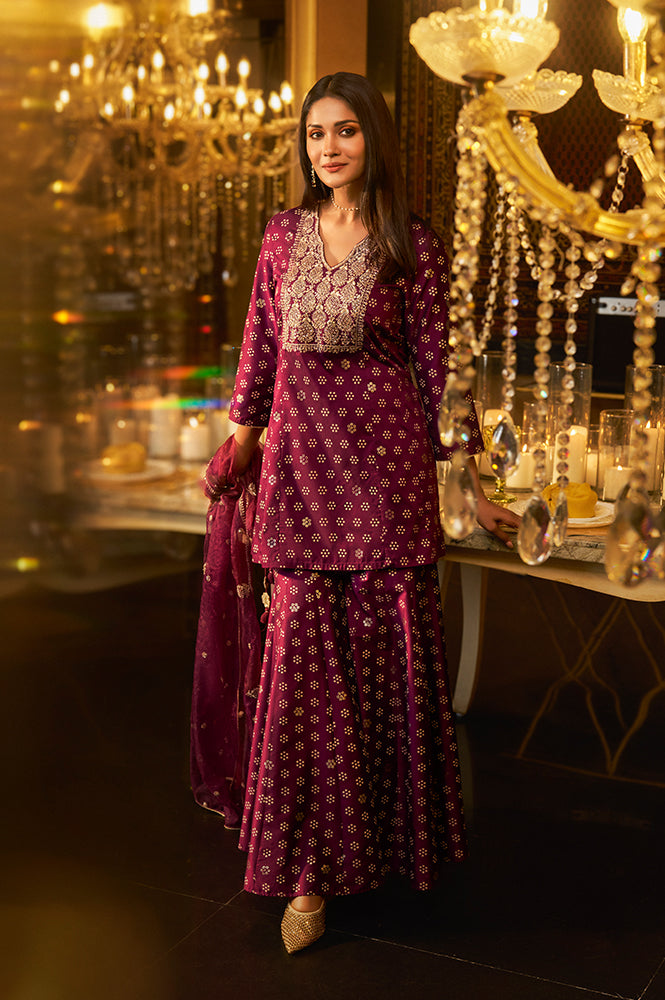 Maroon Embroidered A-Line Rayon Kurta with Sharara and Dupatta Set