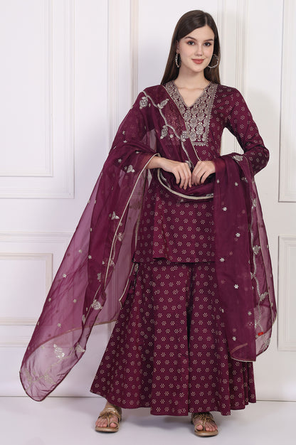 Maroon Embroidered A-Line Rayon Kurta with Sharara and Dupatta Set