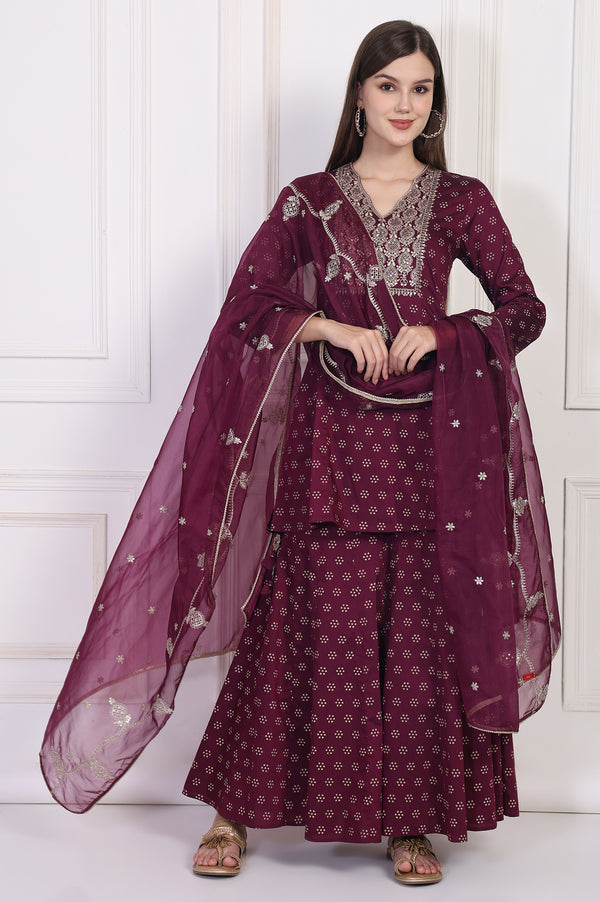 Maroon Embroidered A-Line Rayon Kurta with Sharara and Dupatta Set