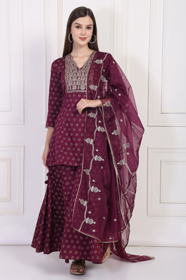 Maroon Embroidered A-Line Rayon Kurta with Sharara and Dupatta Set