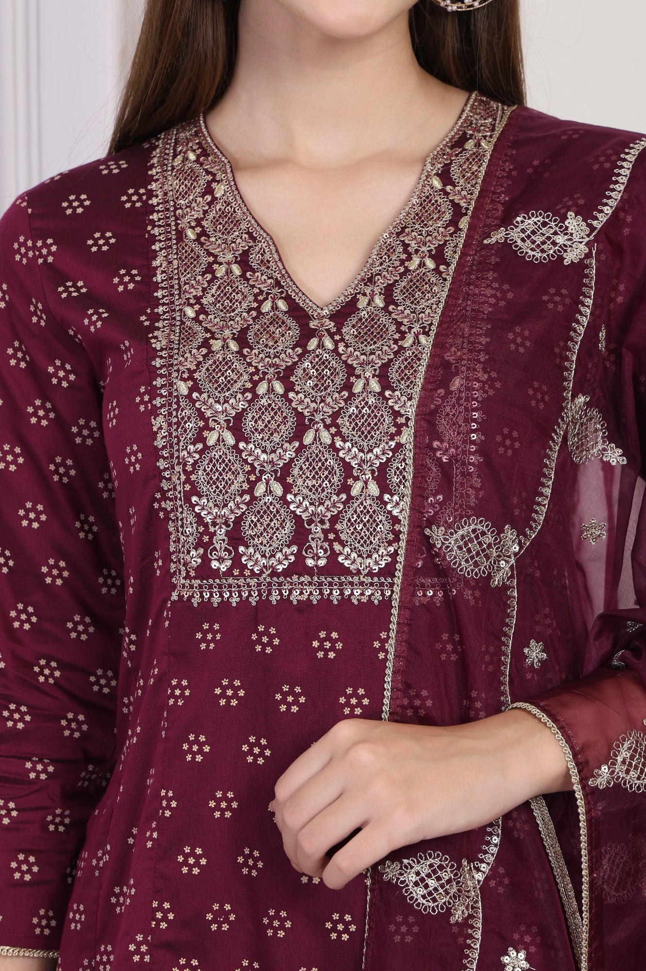 Maroon Embroidered A-Line Rayon Kurta with Sharara and Dupatta Set