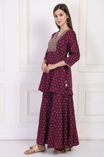 Maroon Embroidered A-Line Rayon Kurta with Sharara and Dupatta Set