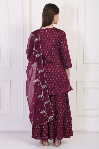 Maroon Embroidered A-Line Rayon Kurta with Sharara and Dupatta Set