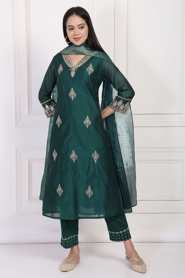 Green Embroidered A-Line Silk Kurta with Straight Pant and Dupatta Set