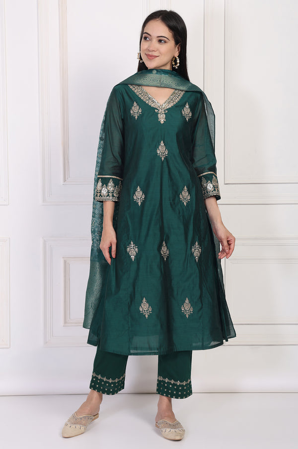 Green Embroidered A-Line Silk Kurta with Straight Pant and Dupatta Set