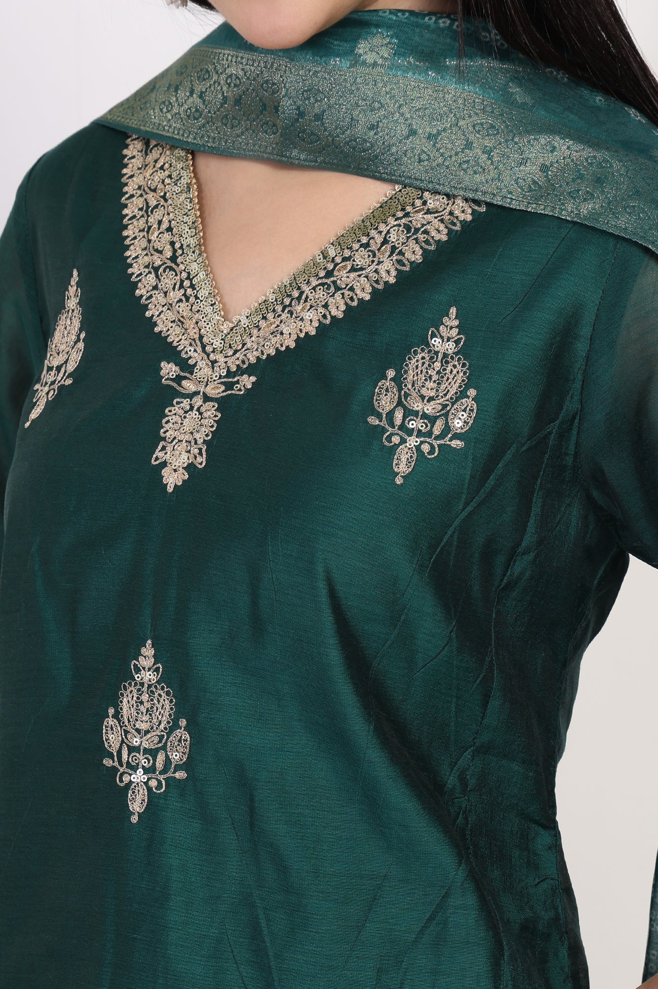 Green Embroidered A-Line Silk Kurta with Straight Pant and Dupatta Set