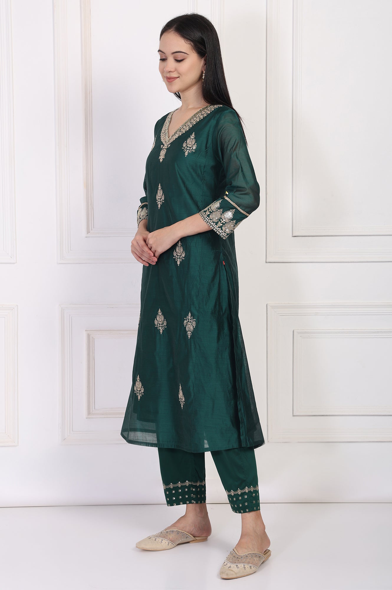 Green Embroidered A-Line Silk Kurta with Straight Pant and Dupatta Set