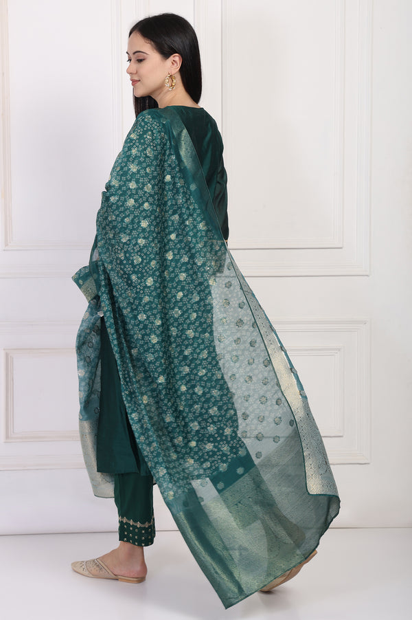 Green Embroidered A-Line Silk Kurta with Straight Pant and Dupatta Set