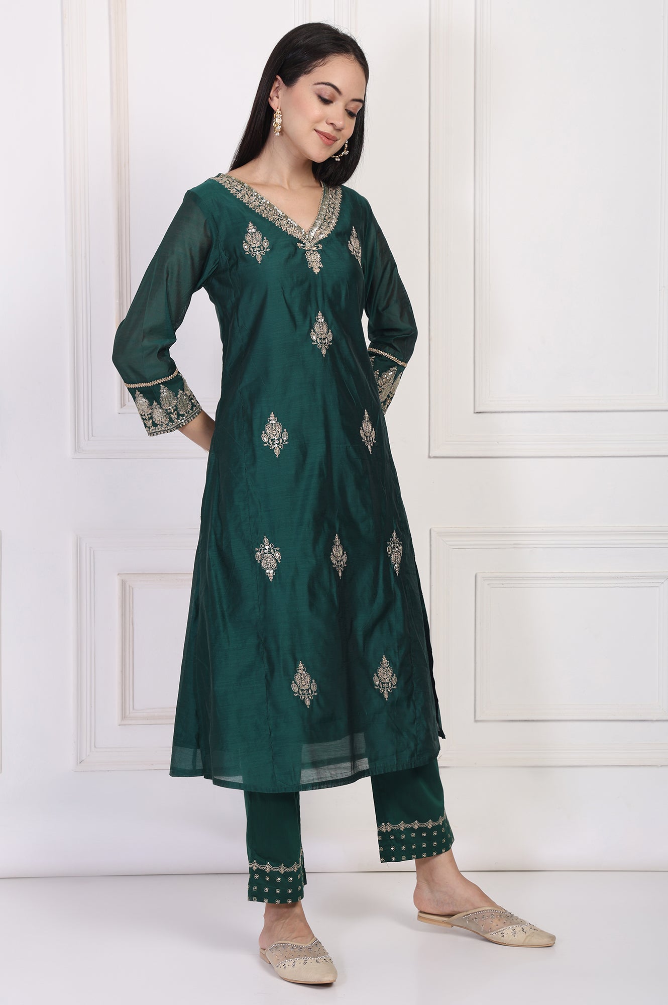 Green Embroidered A-Line Silk Kurta with Straight Pant and Dupatta Set