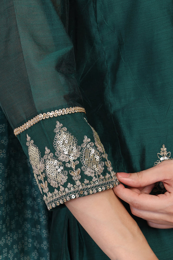 Green Embroidered A-Line Silk Kurta with Straight Pant and Dupatta Set