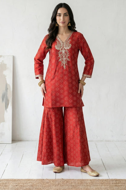 Red Bandhani Embroidered Ankle Length Sharara