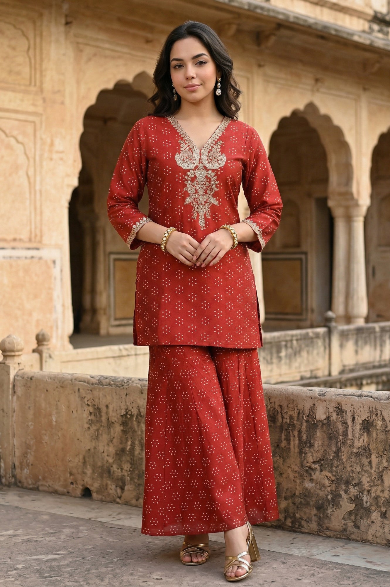 Red Metallic Embroidered Bandhani Straight Kurta