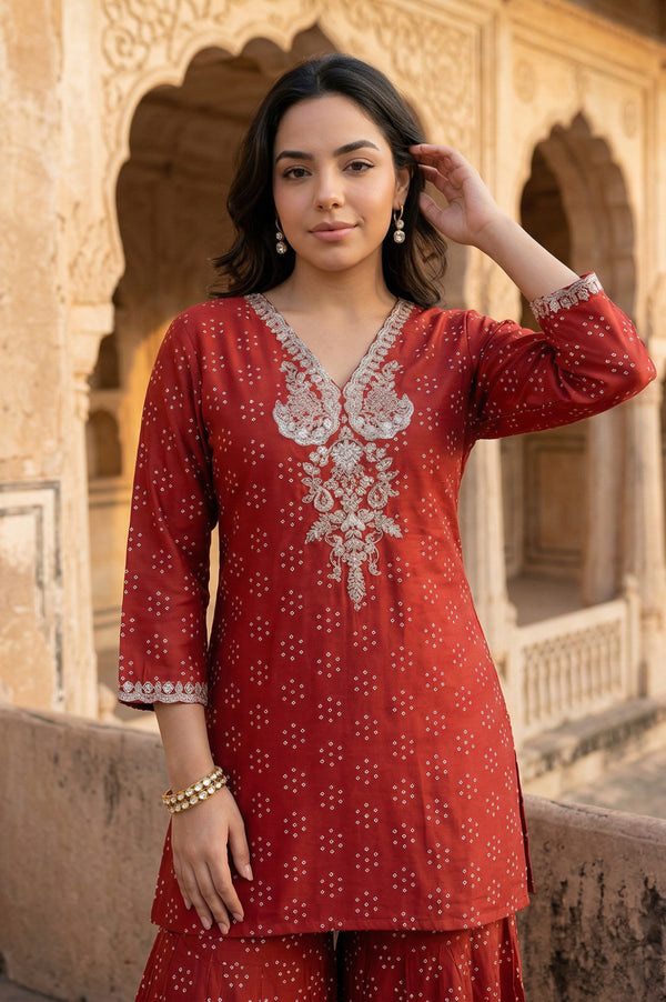 Red Metallic Embroidered Bandhani Straight Kurta