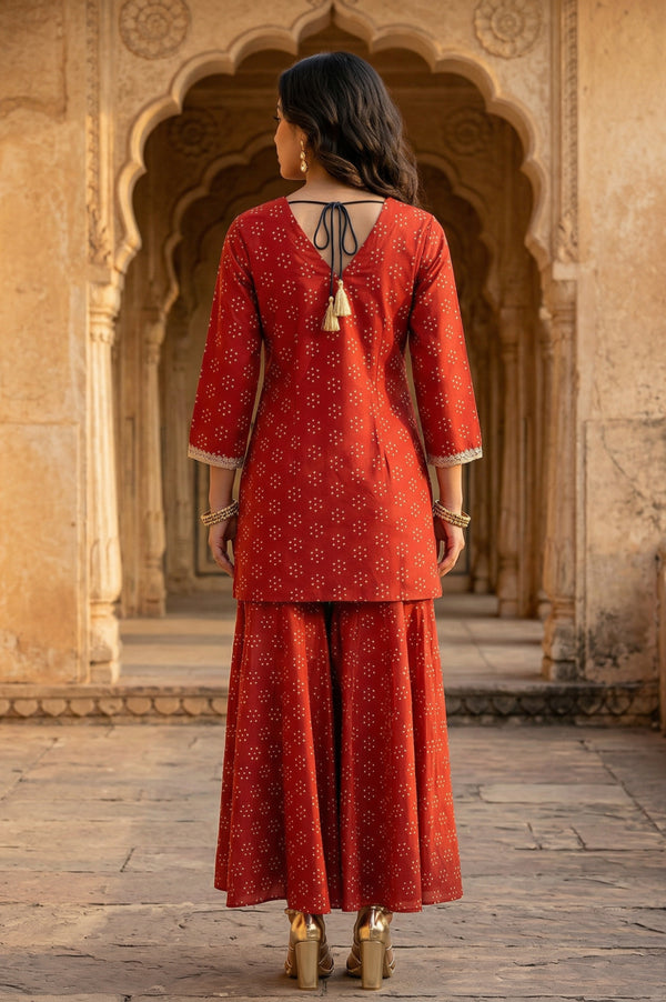 Red Metallic Embroidered Bandhani Straight Kurta