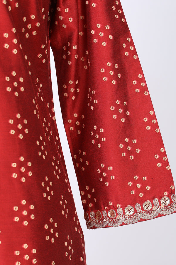 Red Metallic Embroidered Bandhani Straight Kurta
