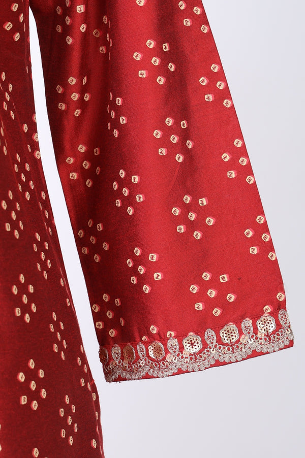 Red Metallic Embroidered Bandhani Straight Kurta