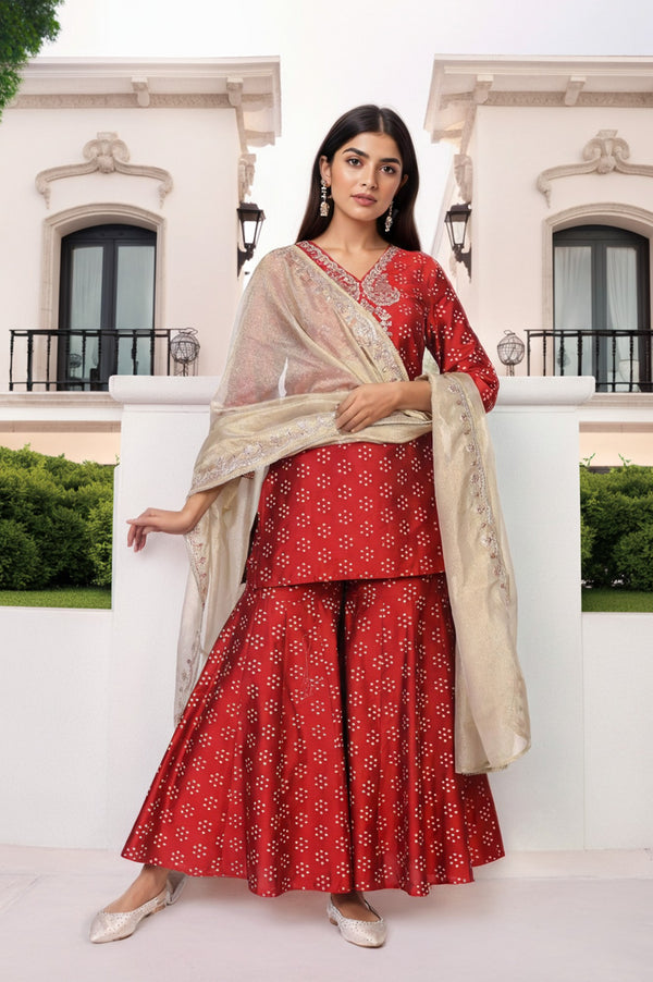 Red Embroidered Straight Art Silk Kurta with Sharara and Dupatta Set