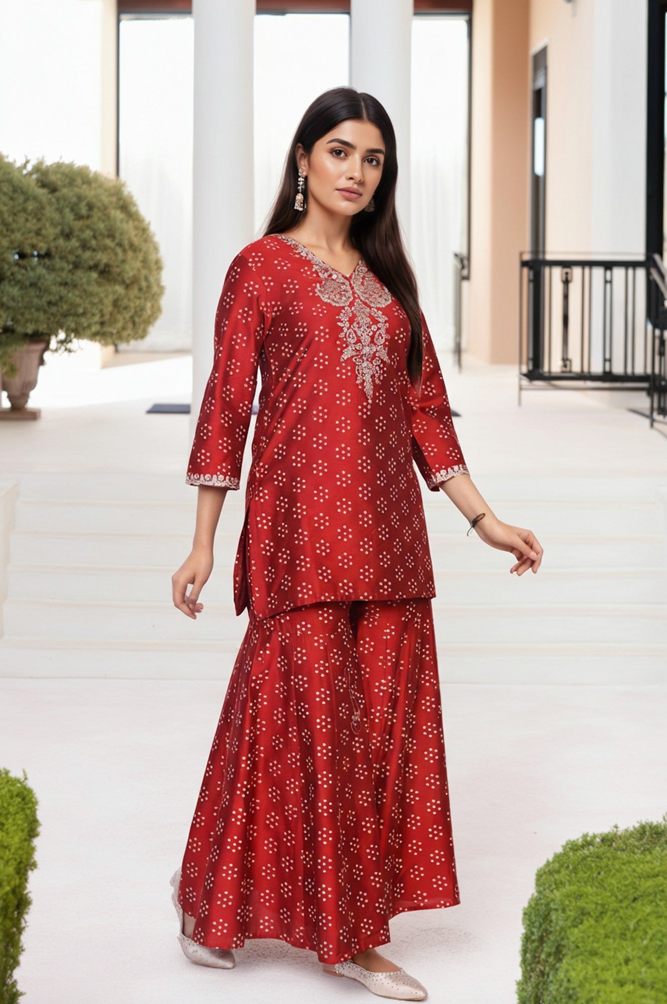 Red Embroidered Straight Art Silk Kurta with Sharara and Dupatta Set