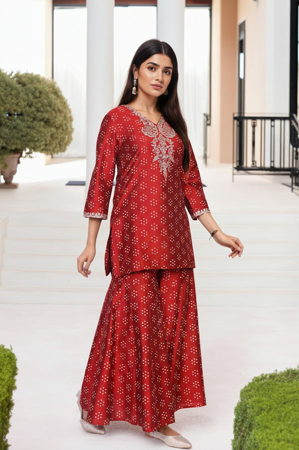 Red Embroidered Straight Art Silk Kurta with Sharara and Dupatta Set