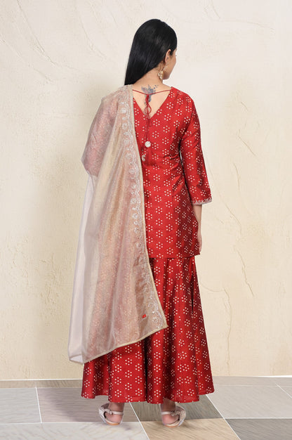 Red Embroidered Straight Art Silk Kurta with Sharara and Dupatta Set
